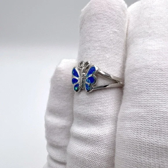 Sale $18 Firm! .925 Sterling Silver Lab Created Blue Opal Butterfly Ring - Picture 8 of 14